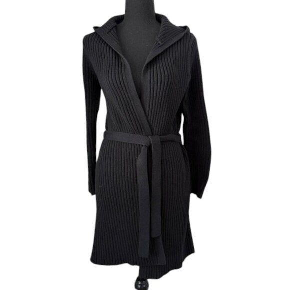 VINTAGE Y2K Black Ribbed Hooded Duster Cardigan Sweater Small - Picture 1 of 11
